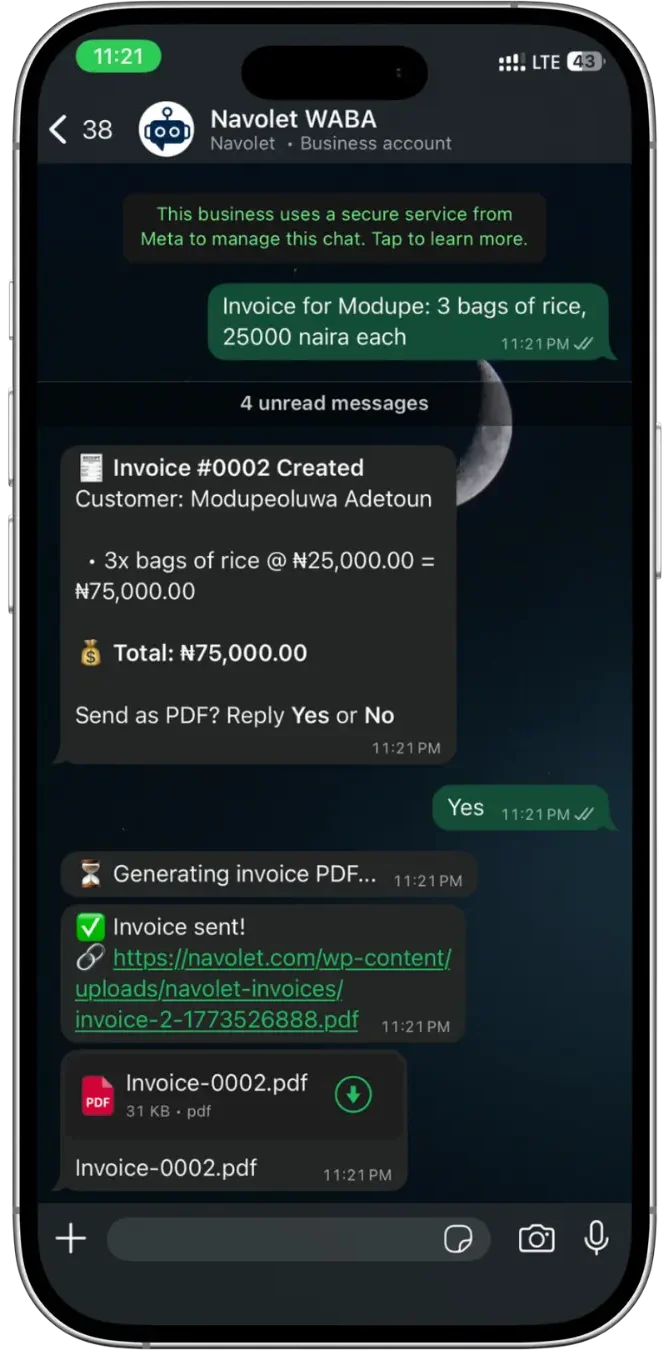 WhatsApp business assistant interface showing invoice and sales tracking