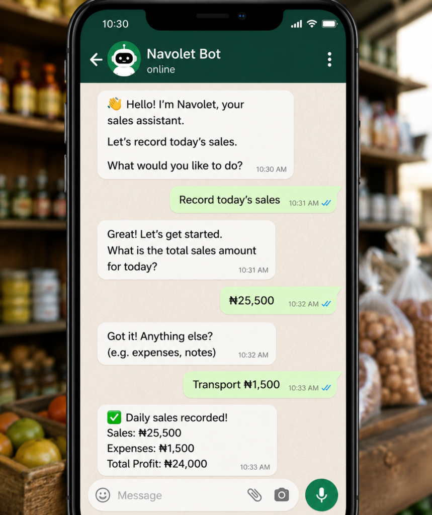 NAVOLET WHATSAPP BOT RECORDING DAILY SALES FOR NIGERIAN SMALL BUSINESS