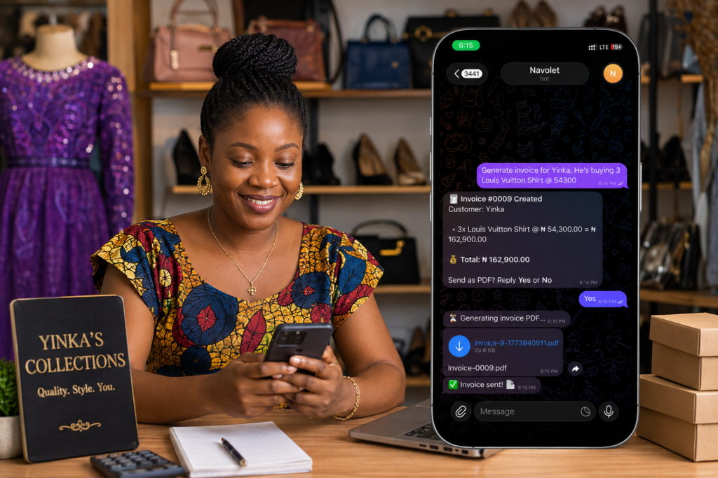 Nigerian business owner reviewing sales record keeping summary on WhatsApp