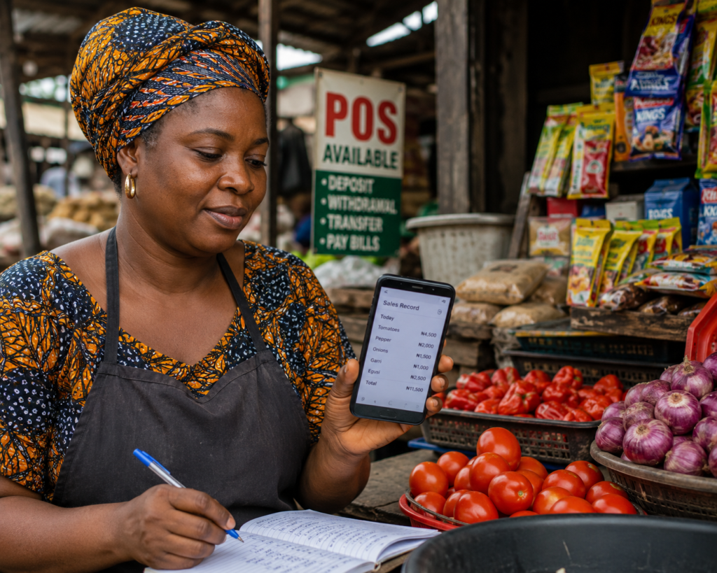 Nigerian market trader reviewing sales record keeping on a phone