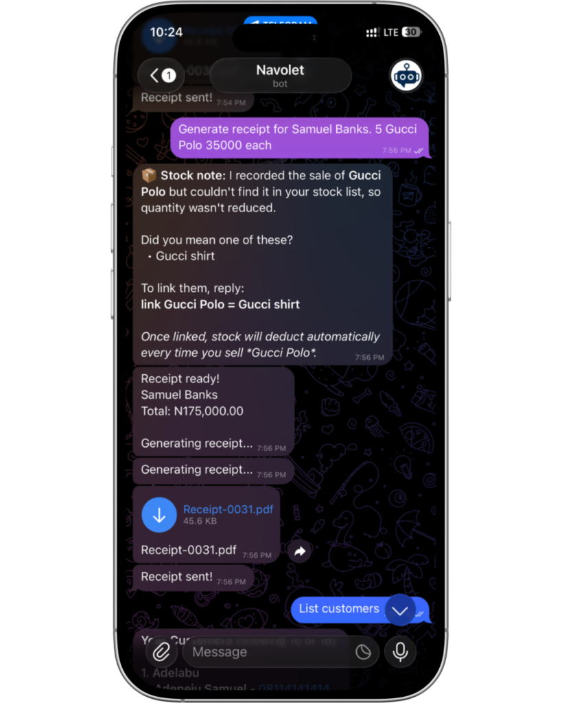 Navolet WhatsApp business tool showing how to record sales for a small business in Nigeria