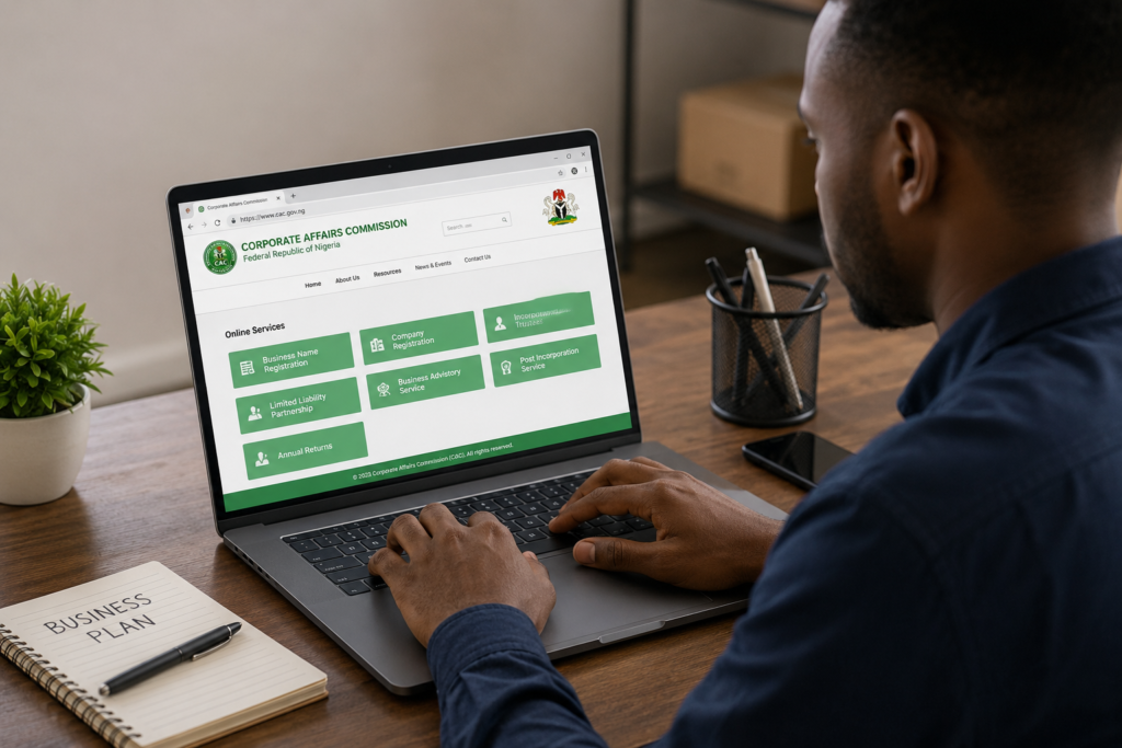 Nigerian small business owner registering business with CAC on a laptop